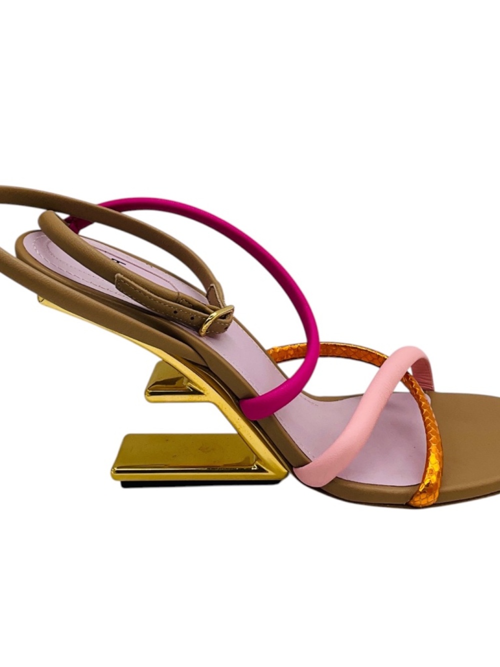 FENDI PINK / TAN MULTI FIRST F COLORBLOCK STRAPPY NAPA ARCHITECTURAL HEEL SANDAL - Picture 2 of 8